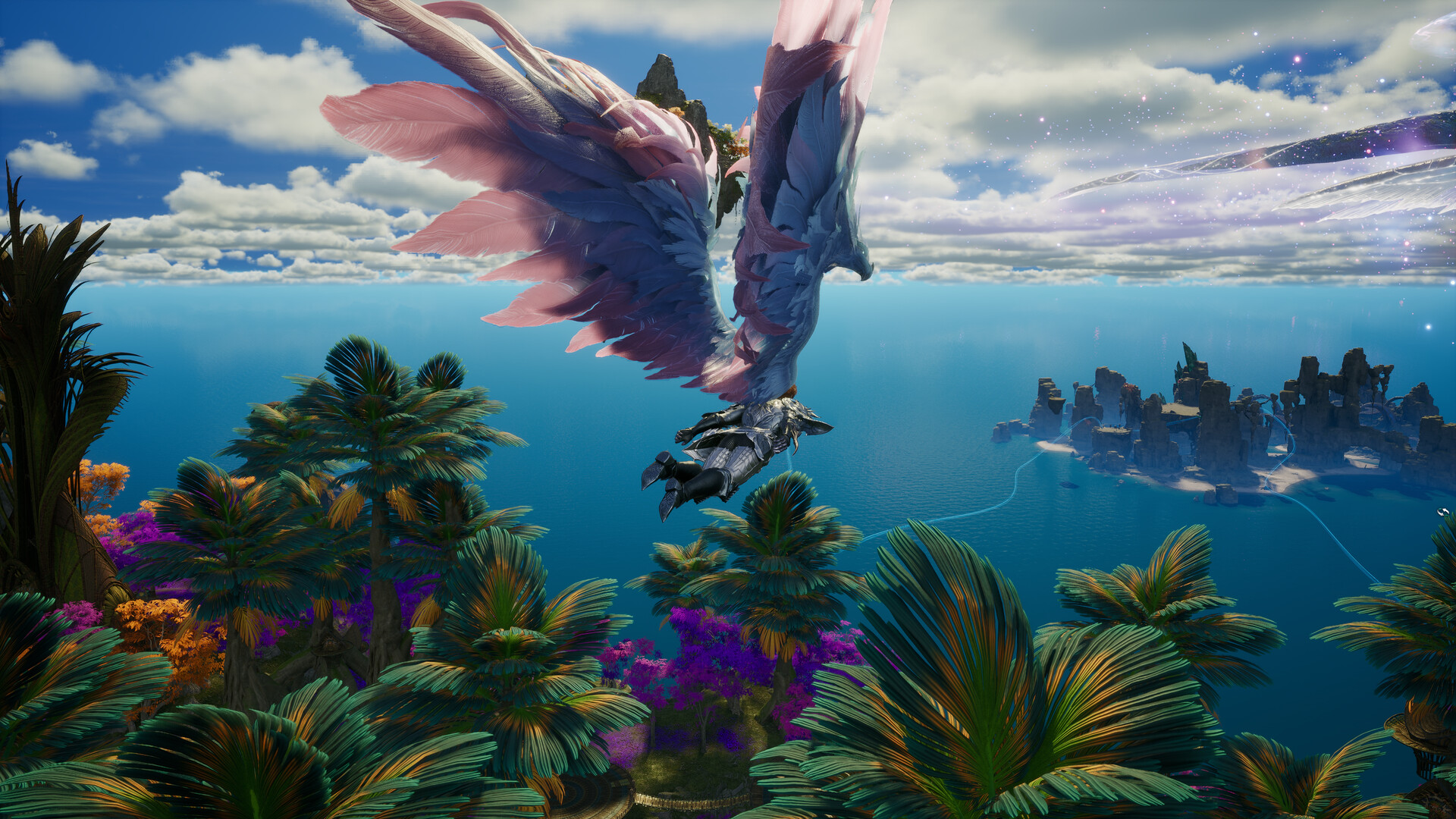 A winged Daeva gliding over tropical islands in AION 2