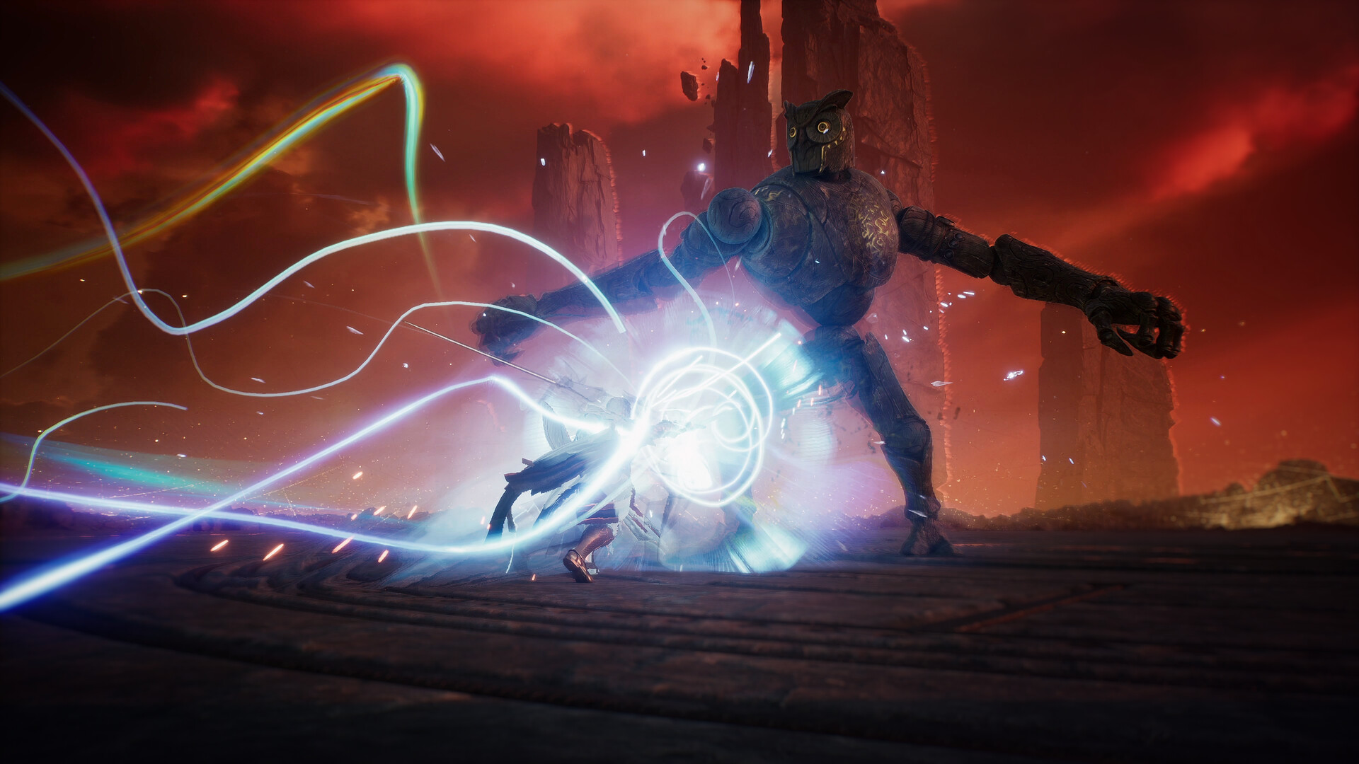 A Daeva battling a stone golem beneath a red sky in AION 2