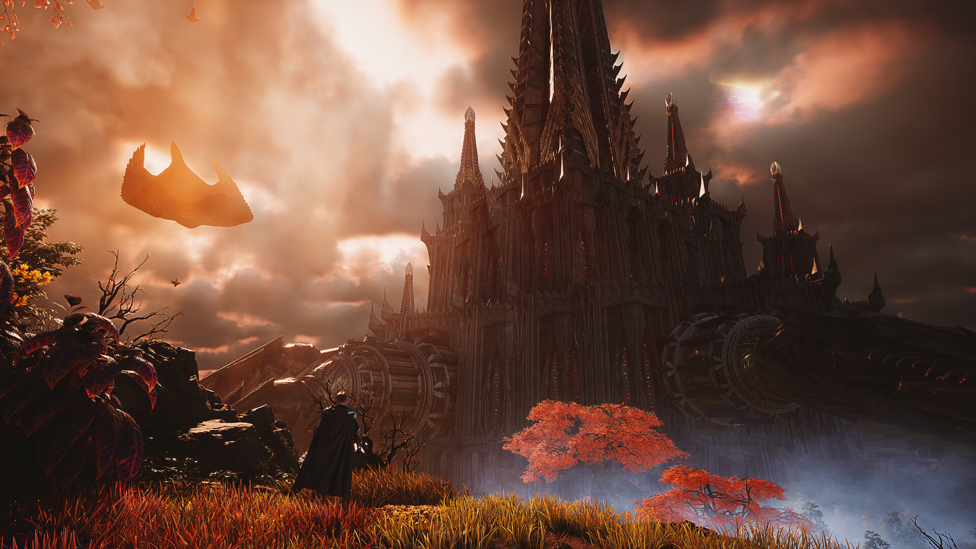 A winged Daeva overlooking a gothic castle at sunset in AION 2